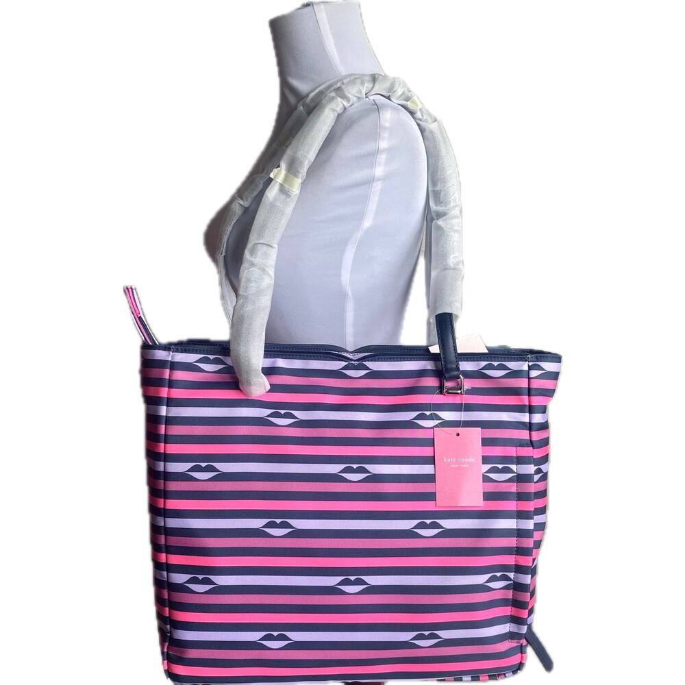 NEW KATE SPADE Jae Nylon Striped Lip Print Large Tote Shoulder Bag Purse Novelty - Picture 5 of 8